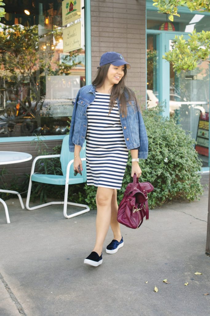Striped shirt dress and velvet slip-on sneakers
