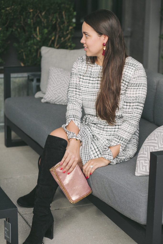 Styling a printed dress with over the knee suede boots