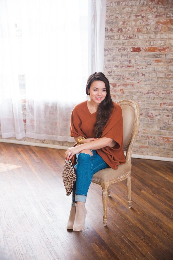 Burnt orange for fall, the perfect casual look for Thanksgiving