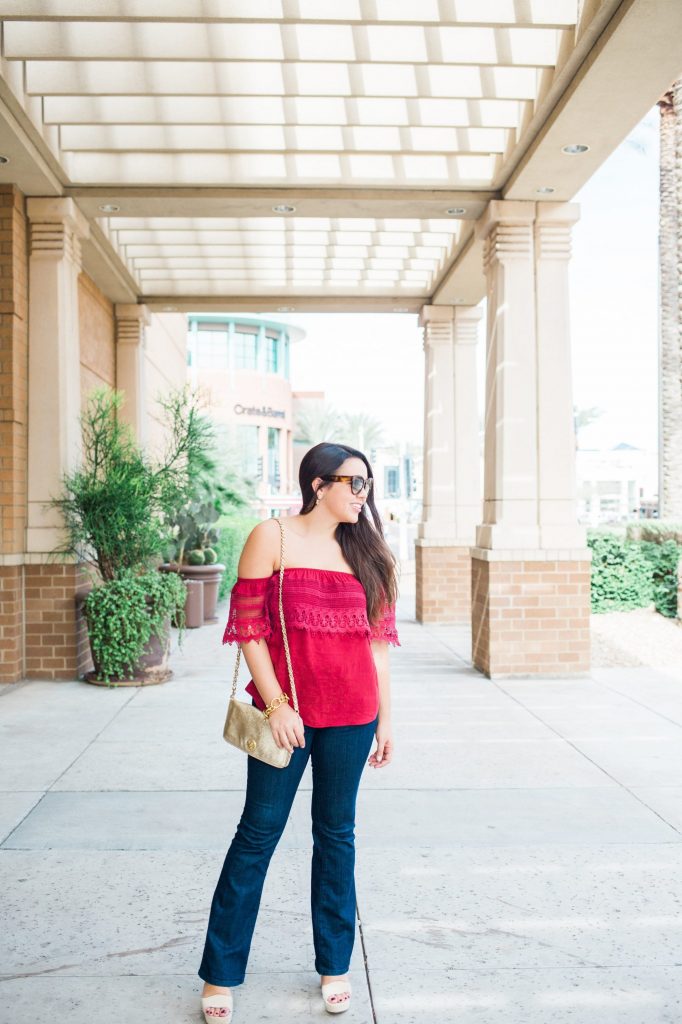 Off the shoulder top and flared denim 