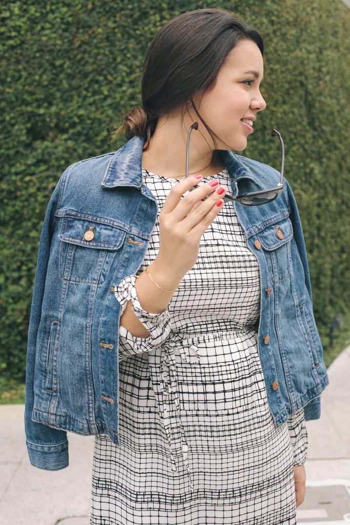 black and white grid print dress