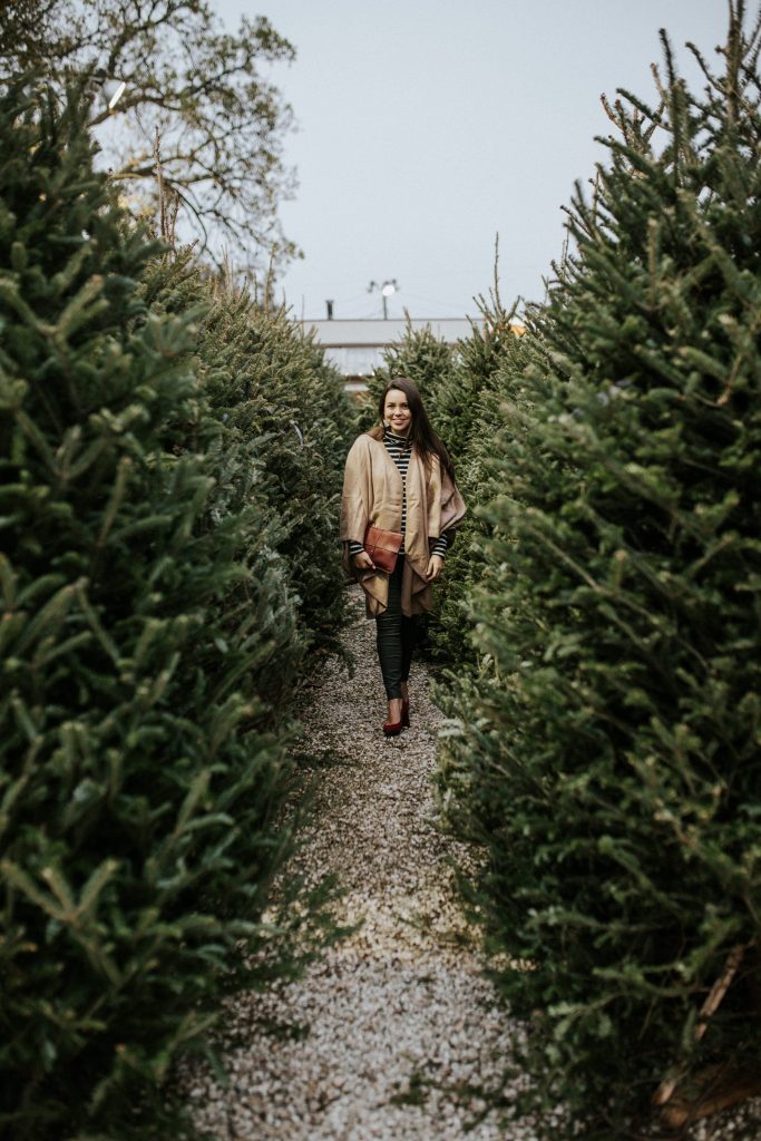 Holiday perfect outfit, ready for Christmas and cooler temperatures in a cozy cape and striped turtleneck! 