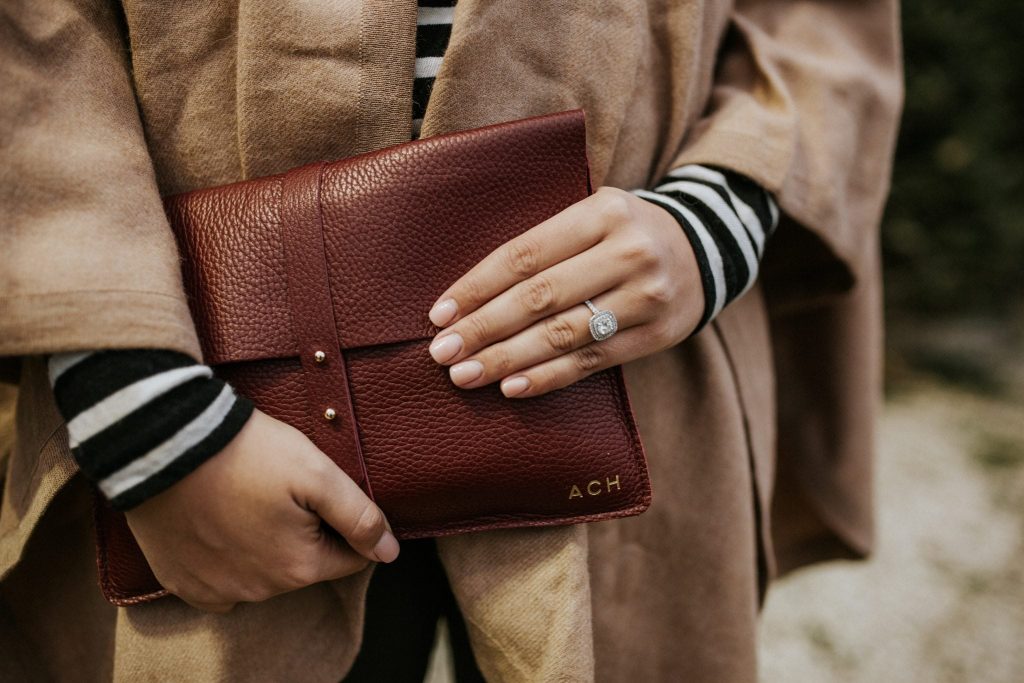 Burgundy clutch and gold embossed monogram - the perfect Christmas gift. Give Better with Cuyana!