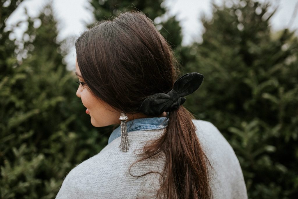 Make a statement with a velvet hair tie and beaded tassel earrings