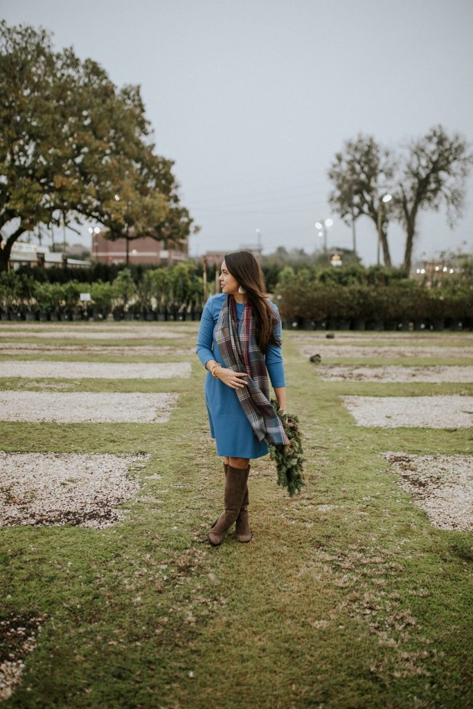 J. McLaughlin sky blue swing dress and suede heeled boots