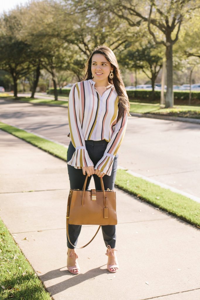 Ann Taylor stripe pleated cuff blouse
