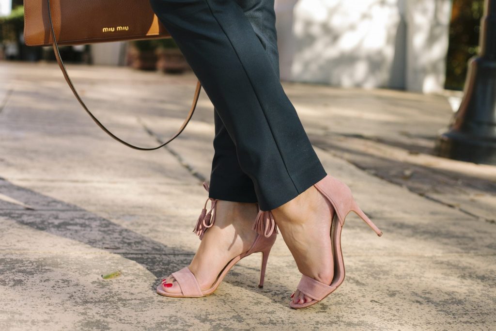 blush suede heeled tassel sandals