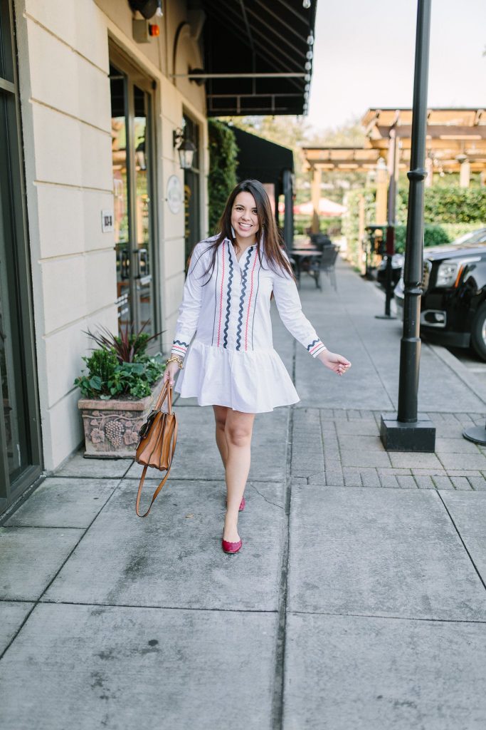 drop waist dress, red Chloe scalloped flats