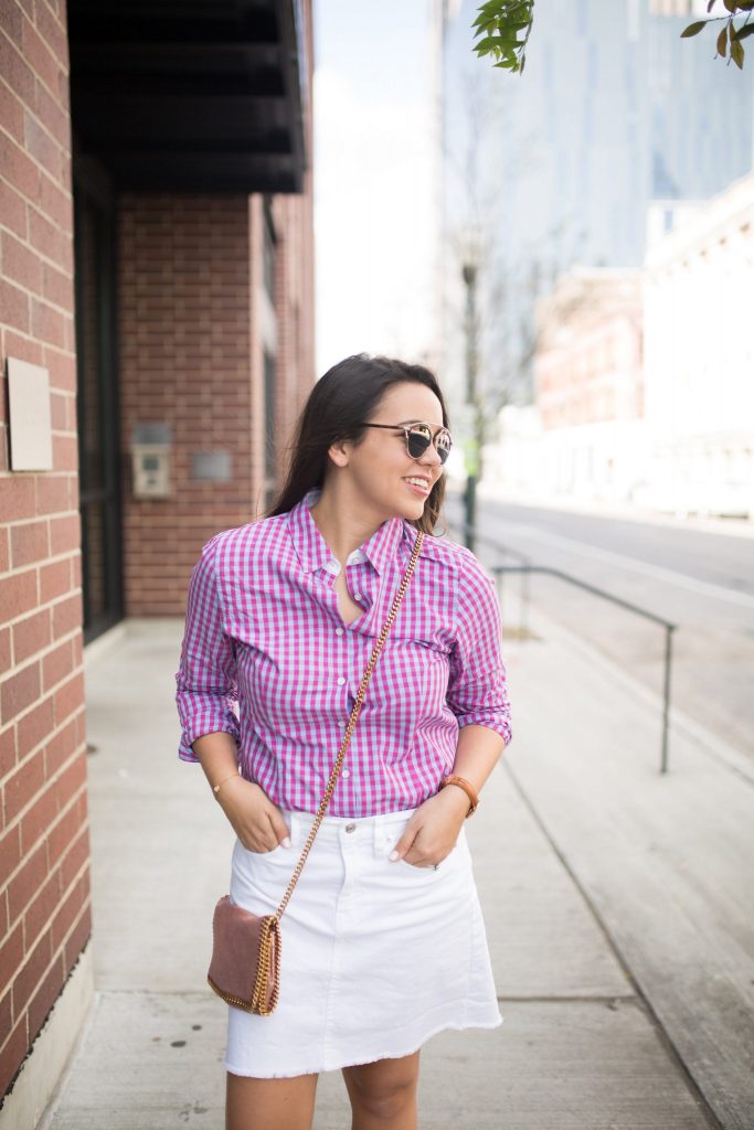 gingham button down shirt and denim skirt