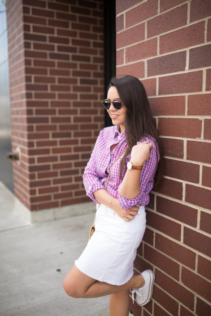 Gingham button down shirt outfit idea