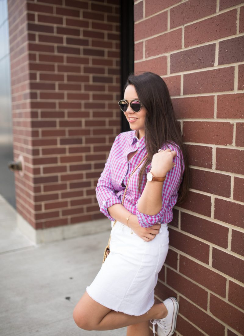 Gingham button down shirt outfit idea