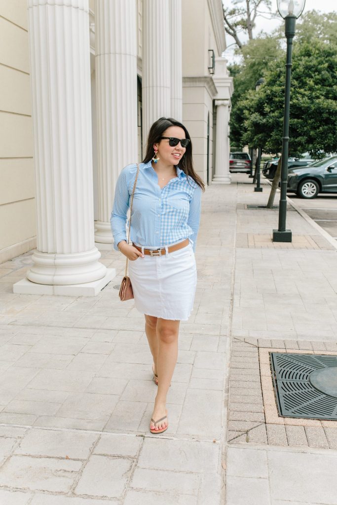 gingham button-down shirt with denim skirt