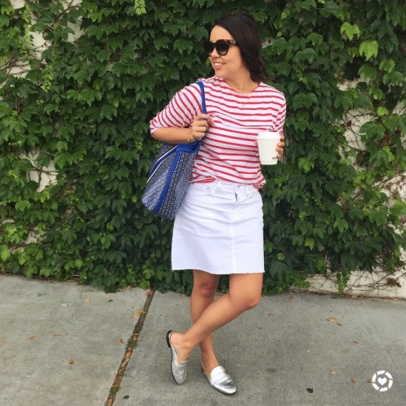 Striped preppy outfit, metallic silver mules