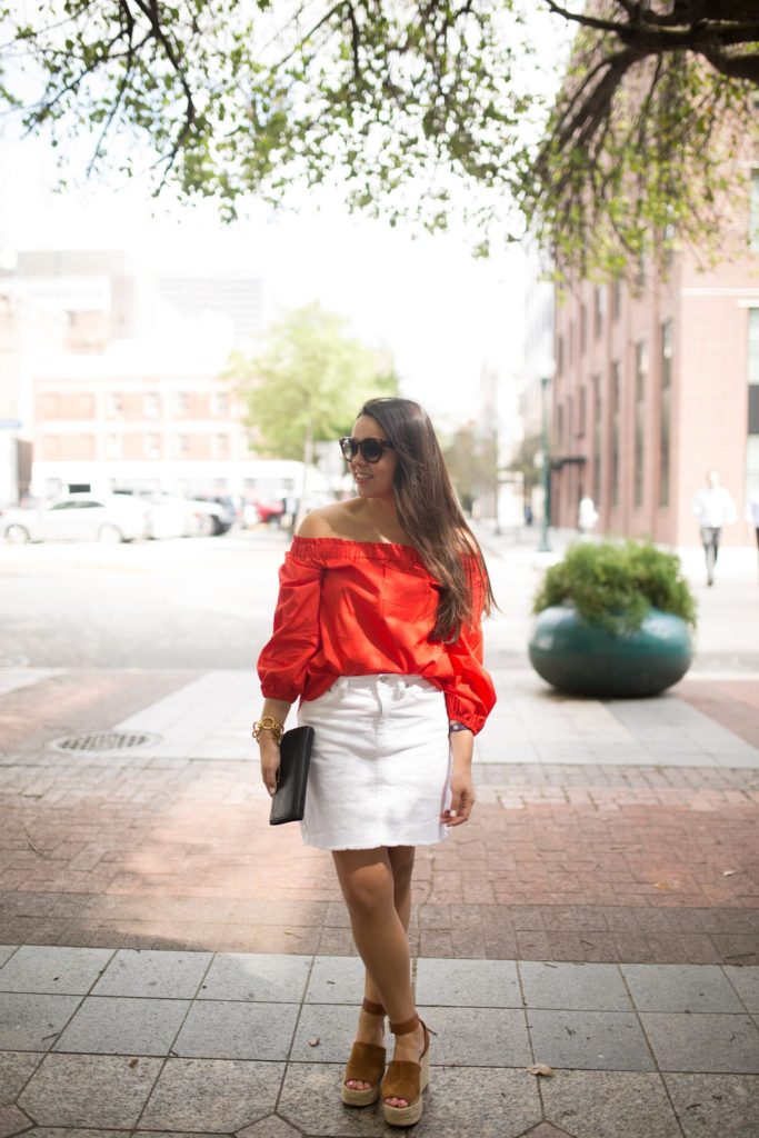 under $50 off the shoulder top, white denim skirt