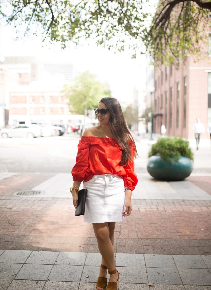 under $50 red off the shoulder top, white denim skirt