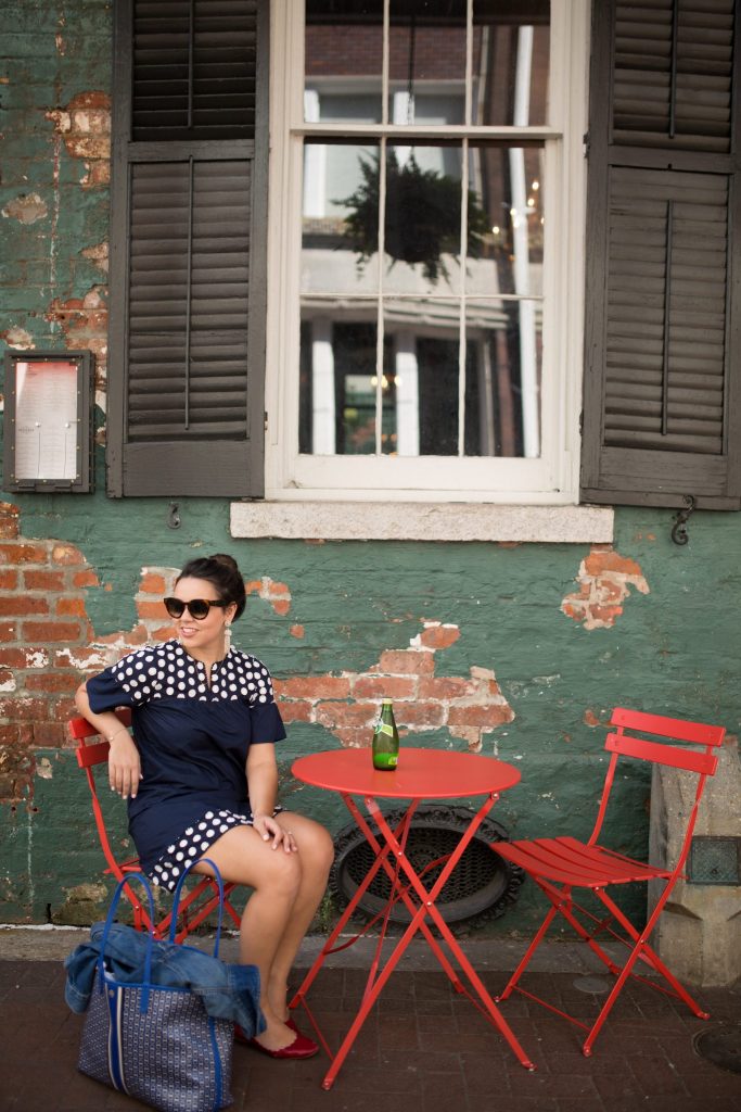 Navy bell sleeve dress, polka dots, Tory Burch tote