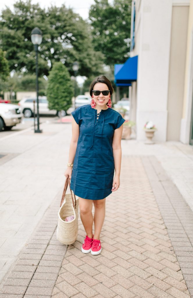 Superga Cotu sneakers casual outfit | J.Crew lace-up dress | preppy style