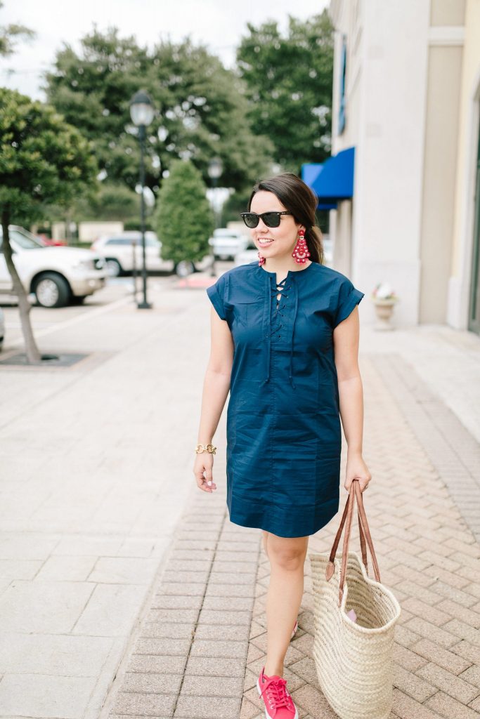 Navy lace-up shirtdress | Red Superego sneakers