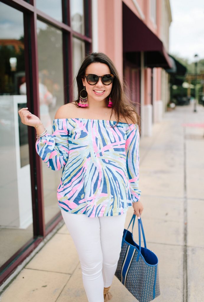 Lilly Pulitzer off the shoulder top | Indigo Sea Dreamin print