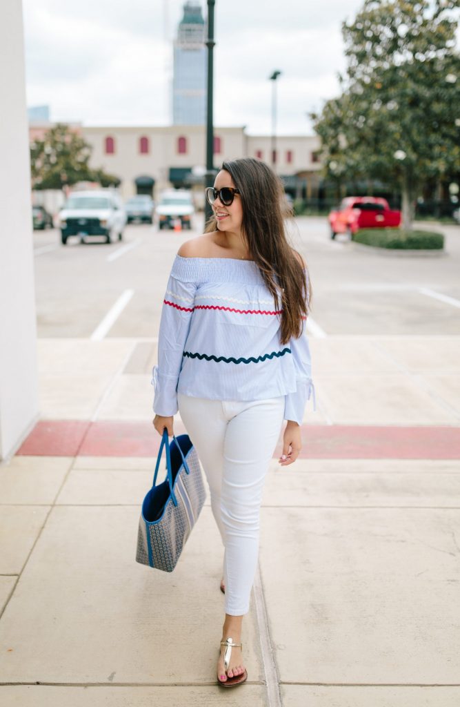 off the shoulder striped top with white jeans for summer
