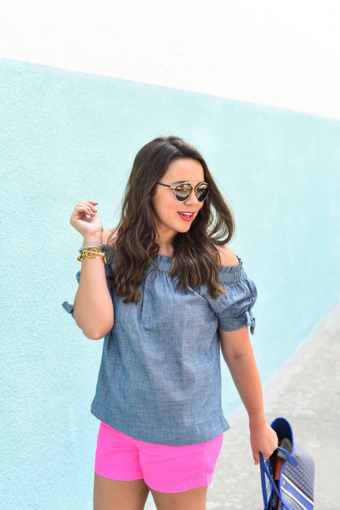 Chambray off the shoulder outfit | summer chambray top | off the shoulder top