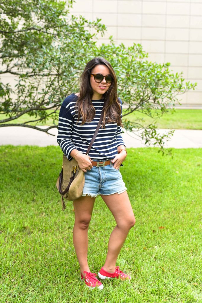 patriotic outfits for women | preppy stripe shirt outfit | navy boatneck tee | hermes belt