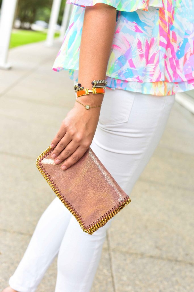 David Yurman bracelet stack | Hermes clic clac bracelet | Stella McCartney clutch