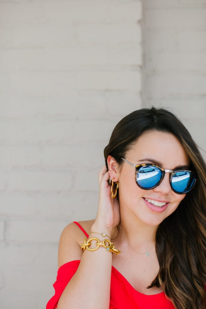 Le Specs reflective sunglasses, Julie Vos jewelry, brunette balayage