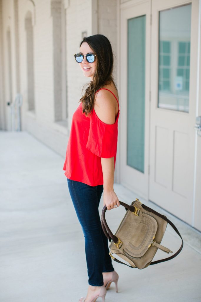red cold shoulder top, budget-friendly outfits