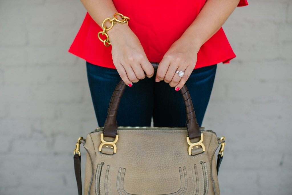 Chloe Marcie satchel, double halo engagement ring, red manicure