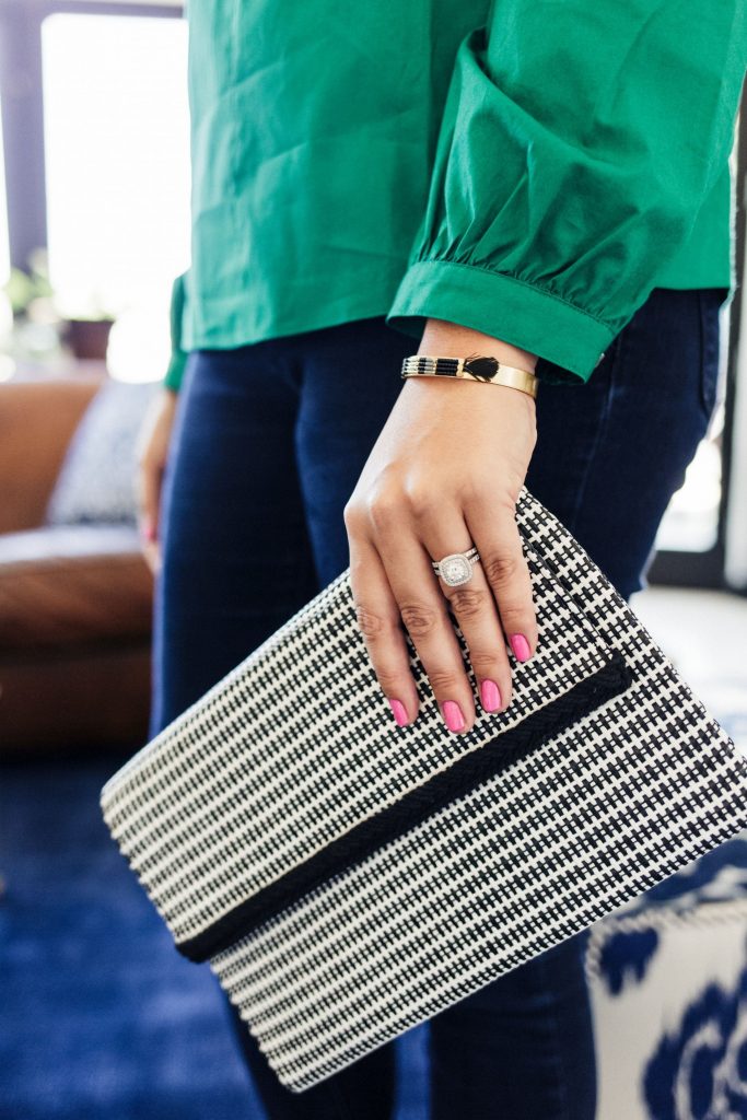 Stella & Dot city slim clutch, Wisten cuff bracelet, double halo engagement ring