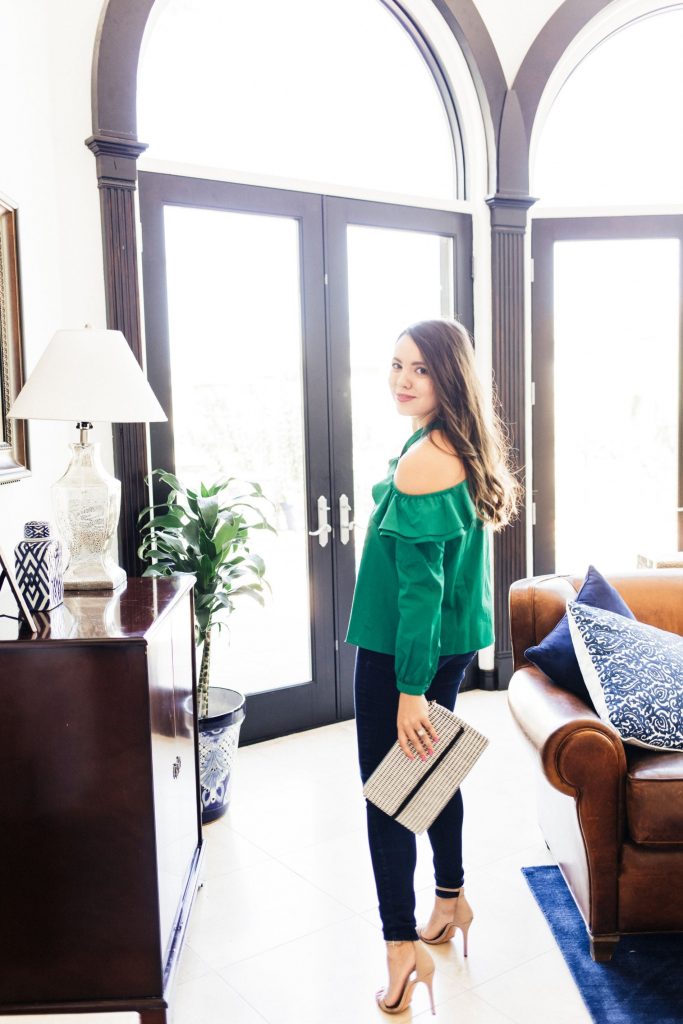 Emerald green top, off the shoulder top