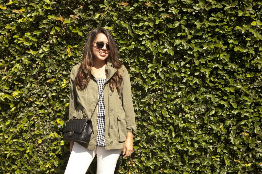 military jacket outfit ideas, gingham tank