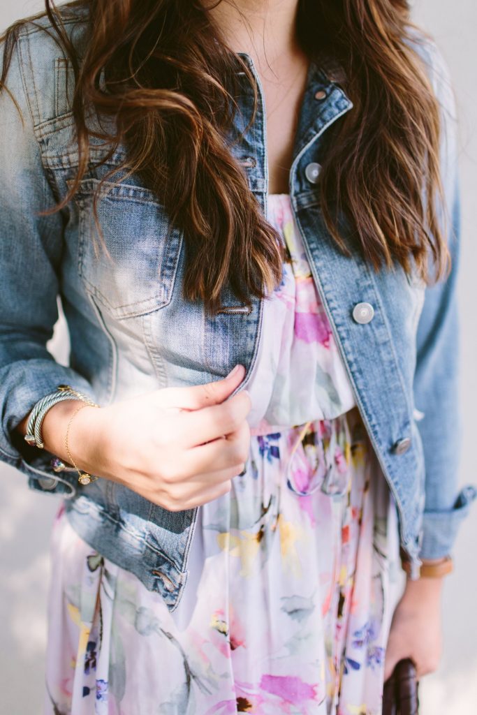 denim and floral dress, cinched-waist maxi dress 