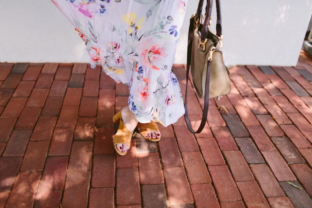 floral maxi dress, suede heeled mules, chloe handbag