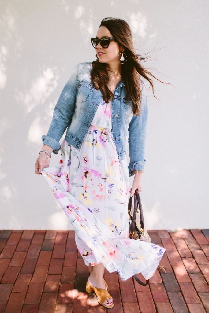 denim jacket, plum pretty sugar dress