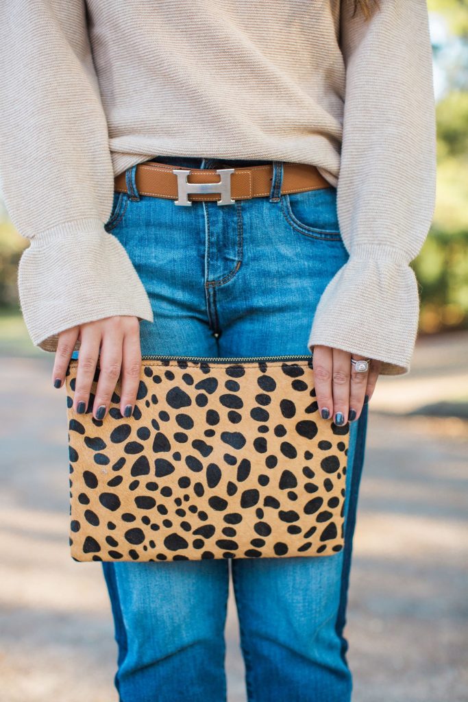 Leopard clutch, Clare V dupe, Flare sleeve sweater