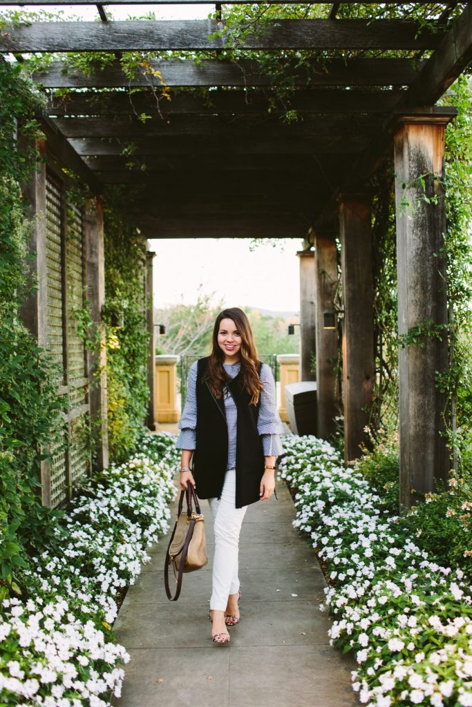 long-line vest, black and white outfit
