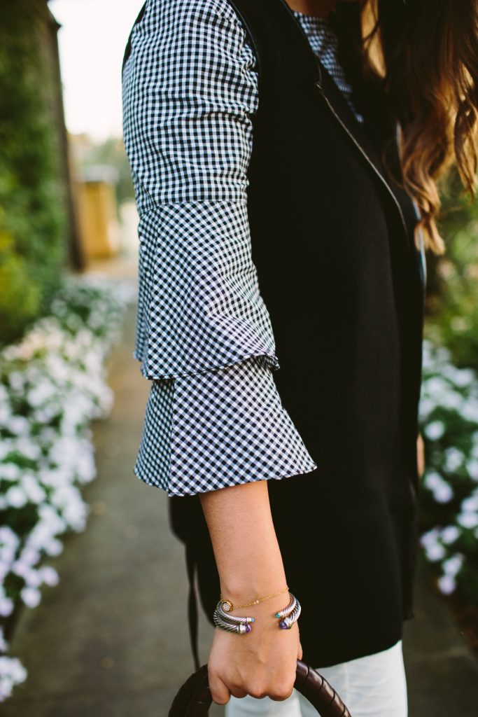 gingham ruffle sleeve top, trendy tops for fall