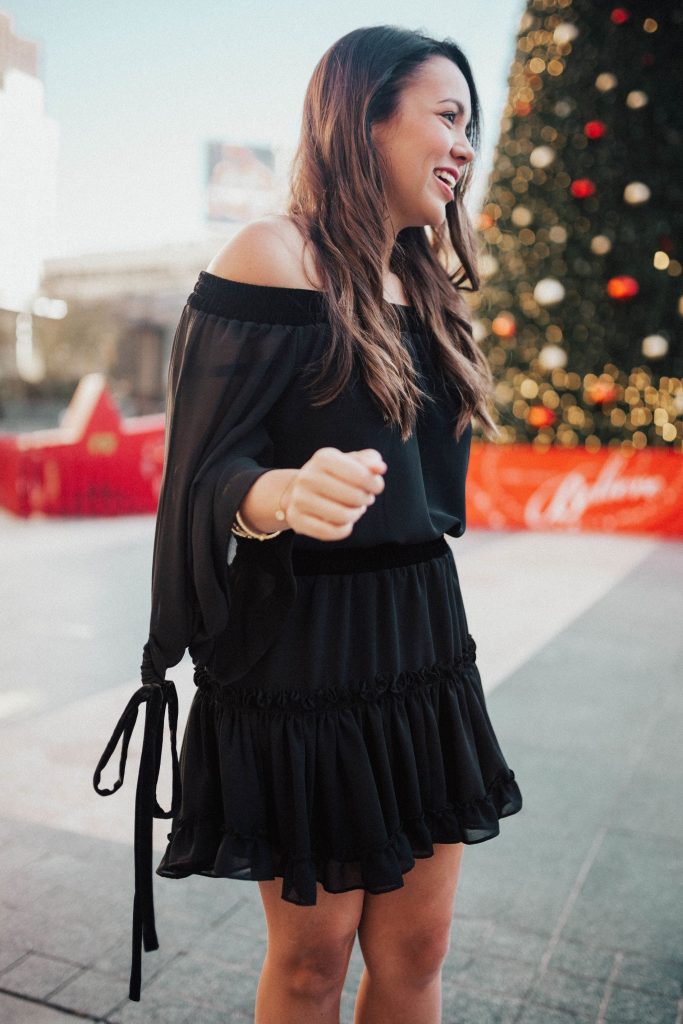 black chiffon dress, off the shoulder dresses, outfit trends