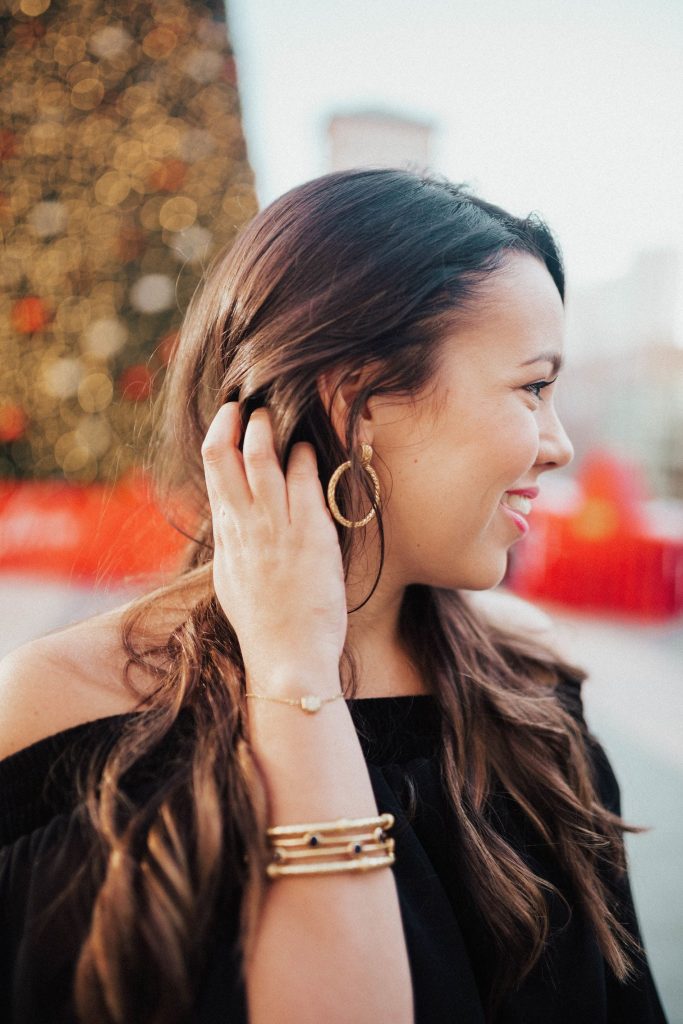 Julie Vos earrings, brunette balayage, beach waver