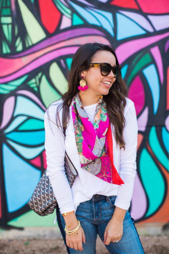 Hermes silk scarf, How to wear Hermes scarves, Statement pom pom earrings