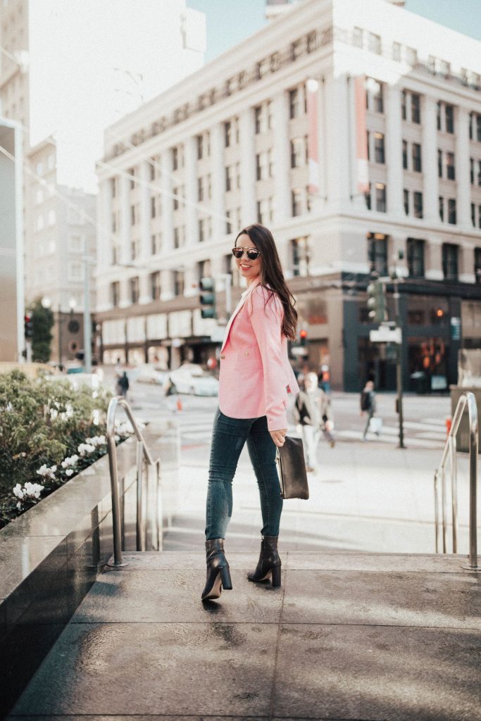 San Francisco style, blush pink Smythe blazer, classic outfit ideas