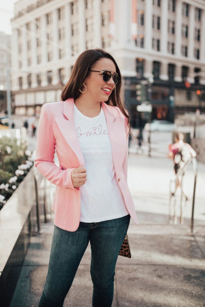 Sundry clothing tee, Smile t-shirt, pink blazer, Julie Vos earrings