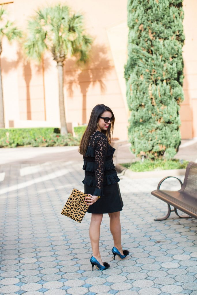 faux leopard clutch, chic lace top