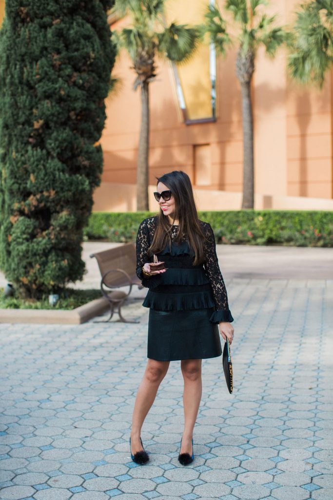 chic birthday outfit, all black outfit, tiered black top