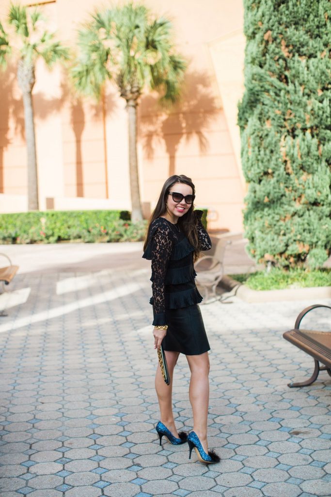 tiered black top, lace top, J.Crew tops, faux leather skirt