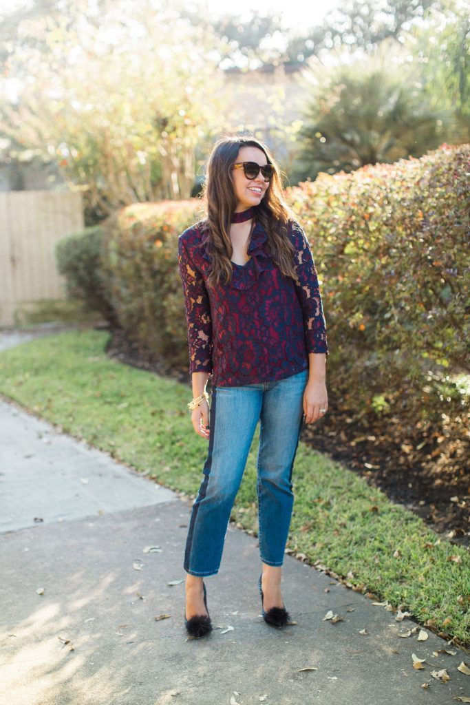 pom pom heels, cutout lace top, trendy outfit ideas