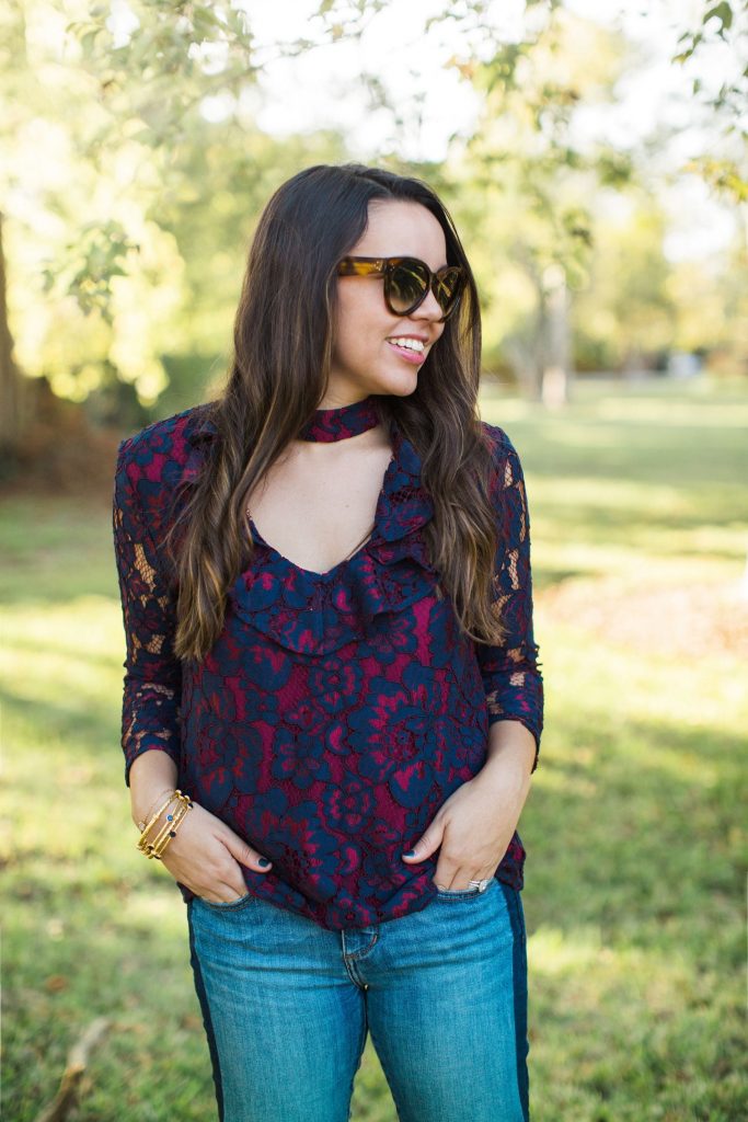 cutout lace top, collar neckline, red & blue lace 3/4 top