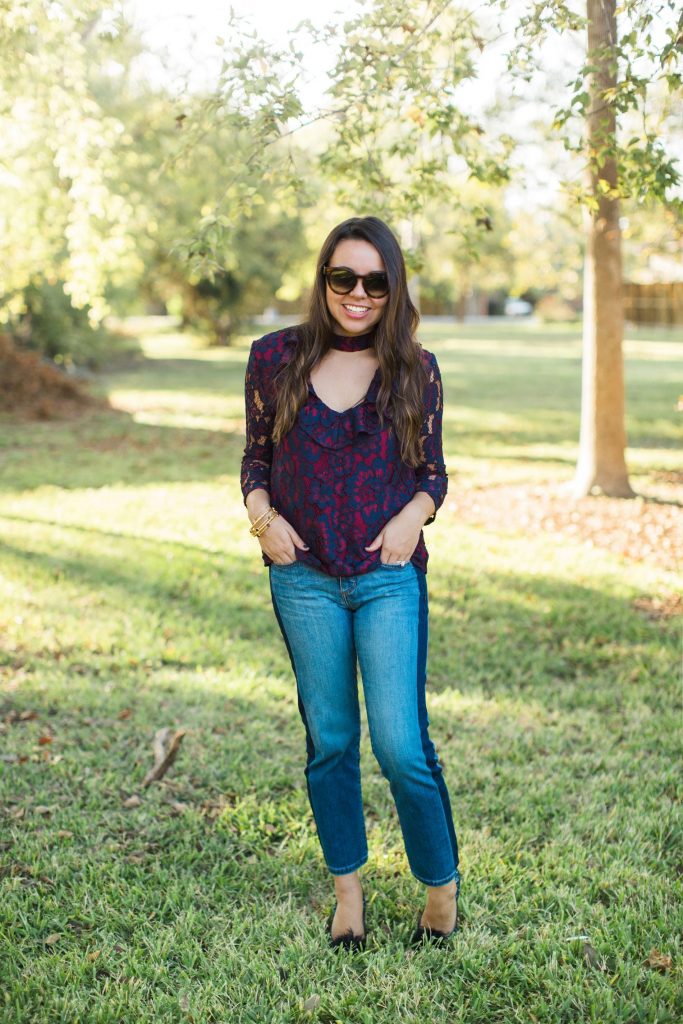 WAYF cutout lace top, girlfriend denim